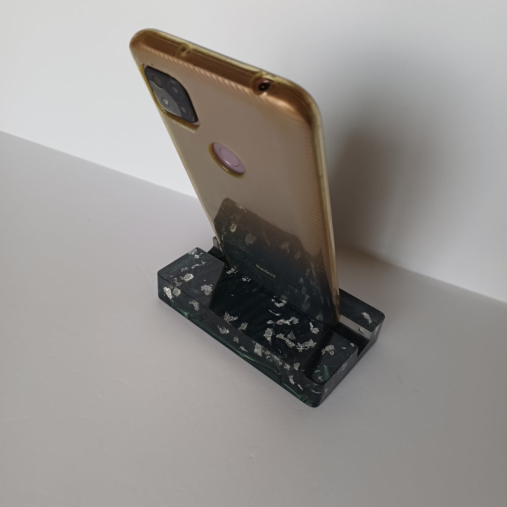 Rectangular Resin Phone Holder, Green Silk or Flying Colors, Handmade Modern Desk Decor, Office Gift