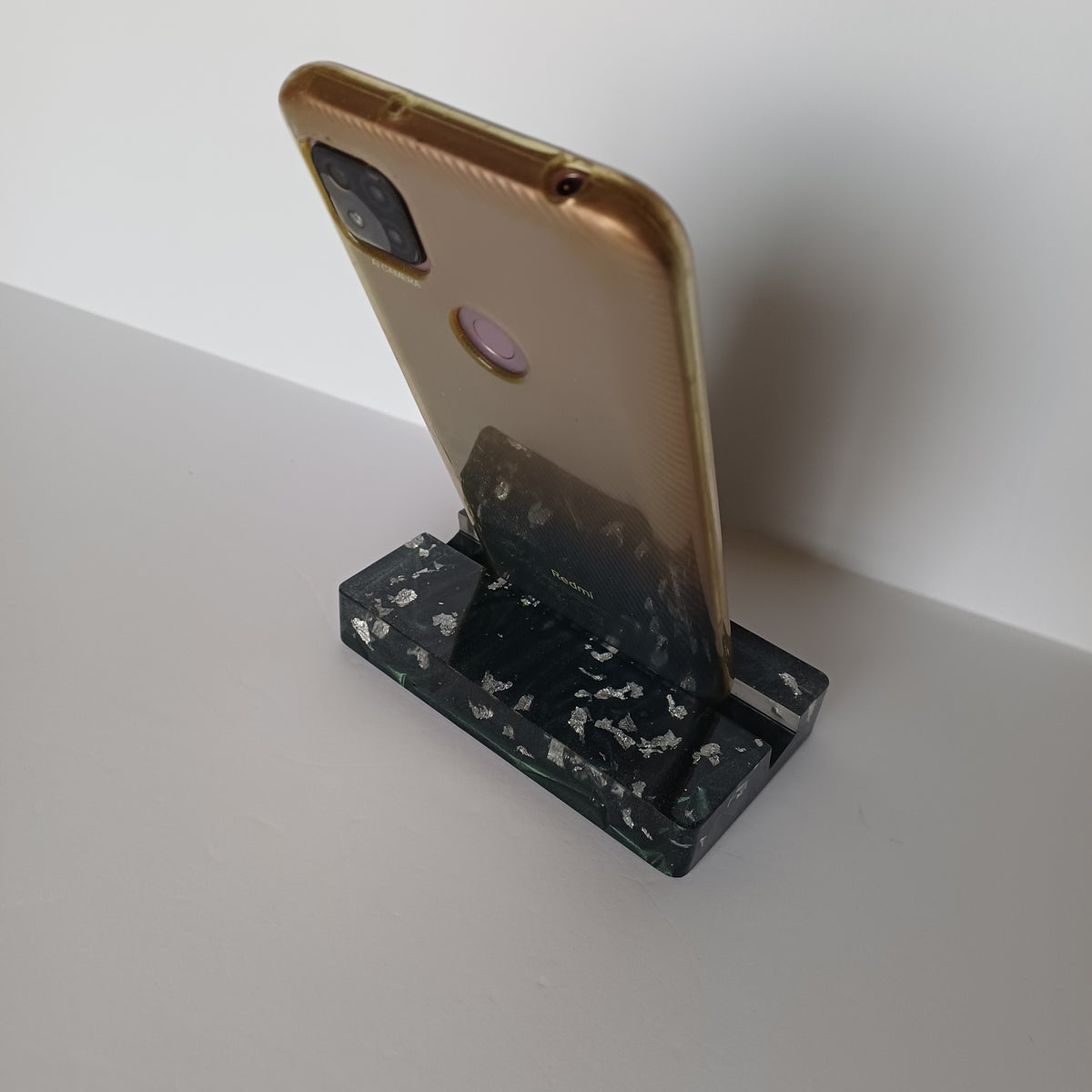 Rectangular Resin Phone Holder, Green Silk or Flying Colors, Handmade Modern Desk Decor, Office Gift