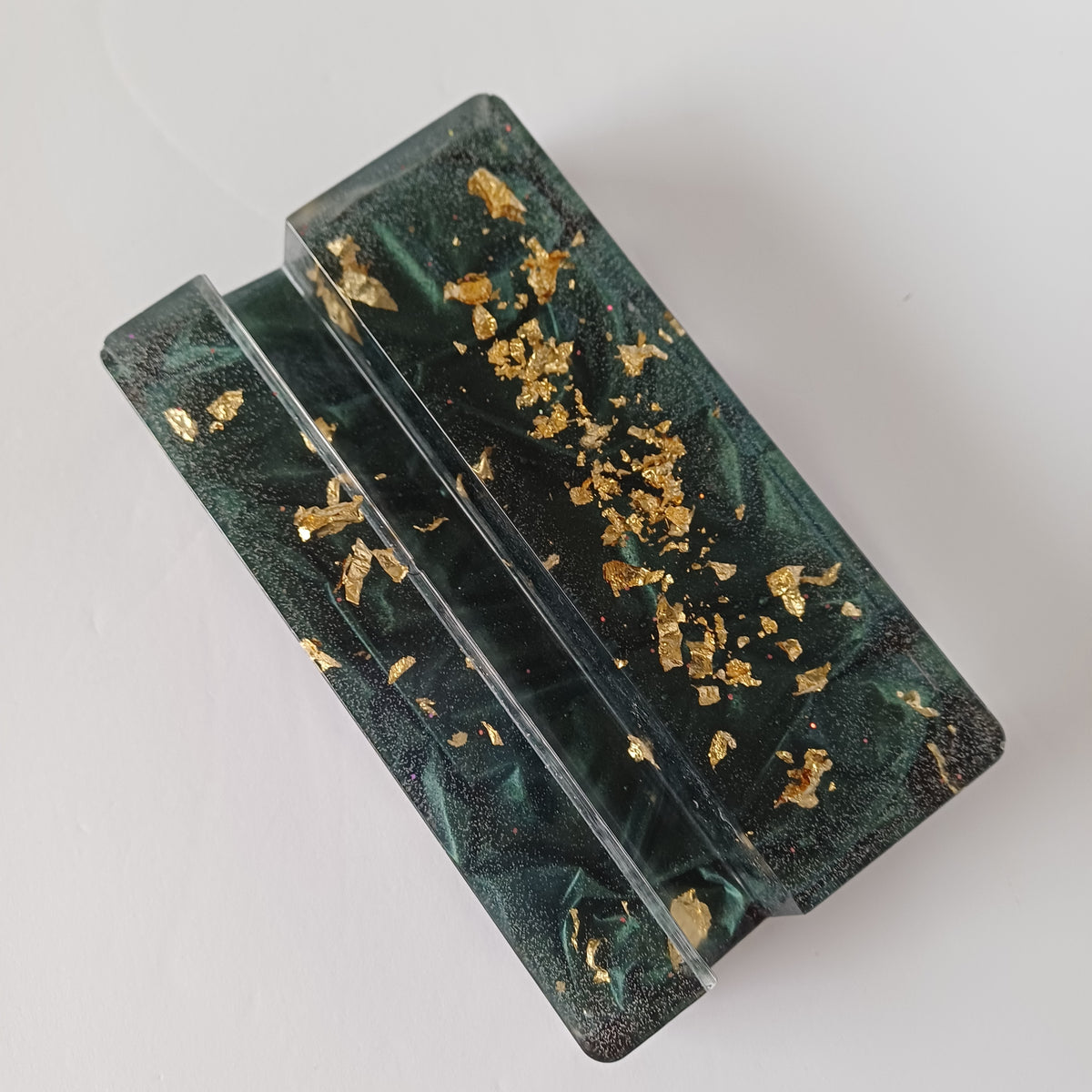 Rectangular Resin Phone Holder, Green Silk or Flying Colors, Handmade Modern Desk Decor, Office Gift