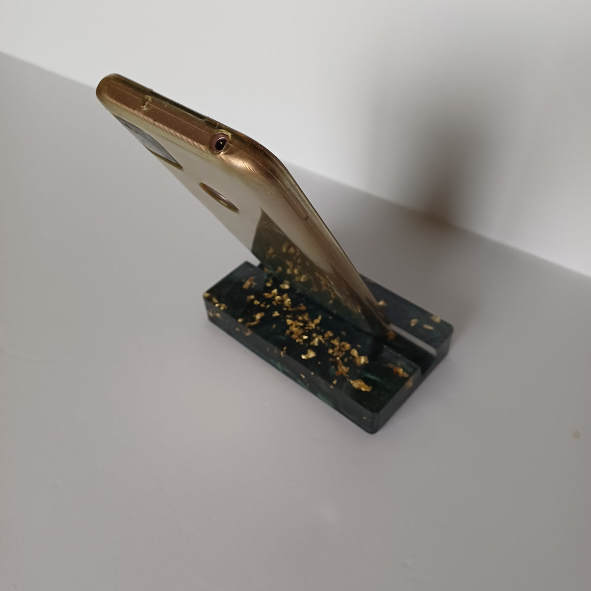 Rectangular Resin Phone Holder, Green Silk or Flying Colors, Handmade Modern Desk Decor, Office Gift