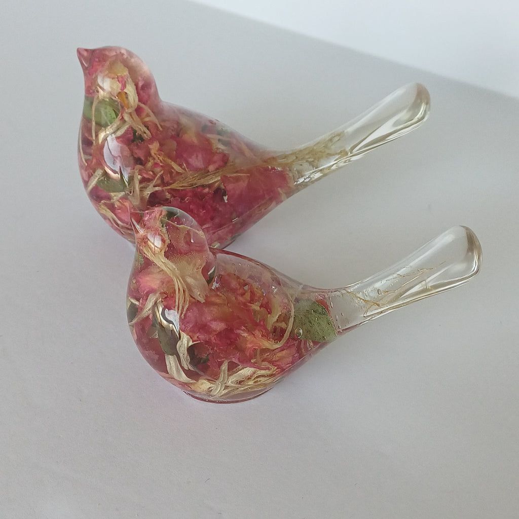 Two Resin Birds with Real Flowers, Ready or Custom Made