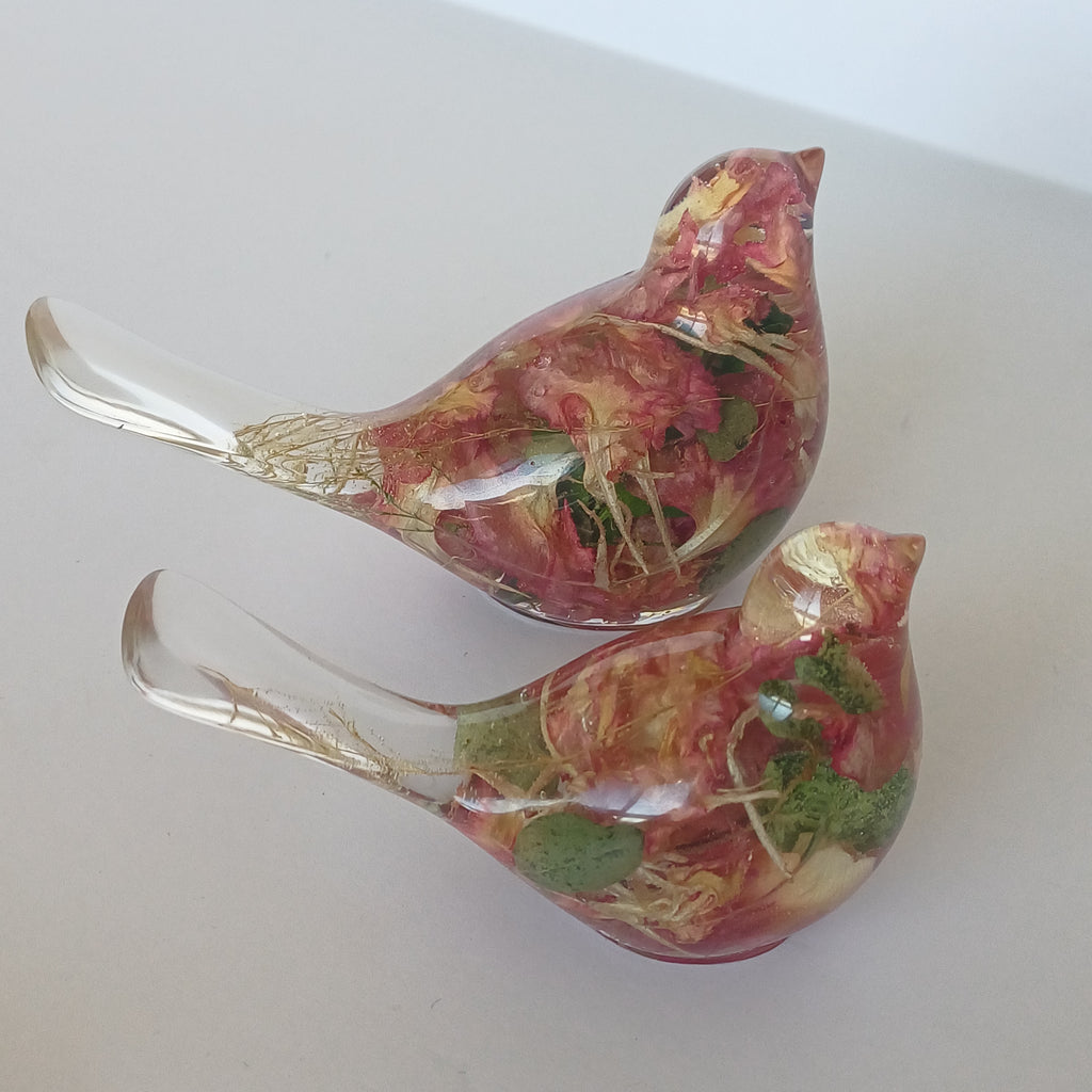 Two Resin Birds with Real Flowers, Ready or Custom Made