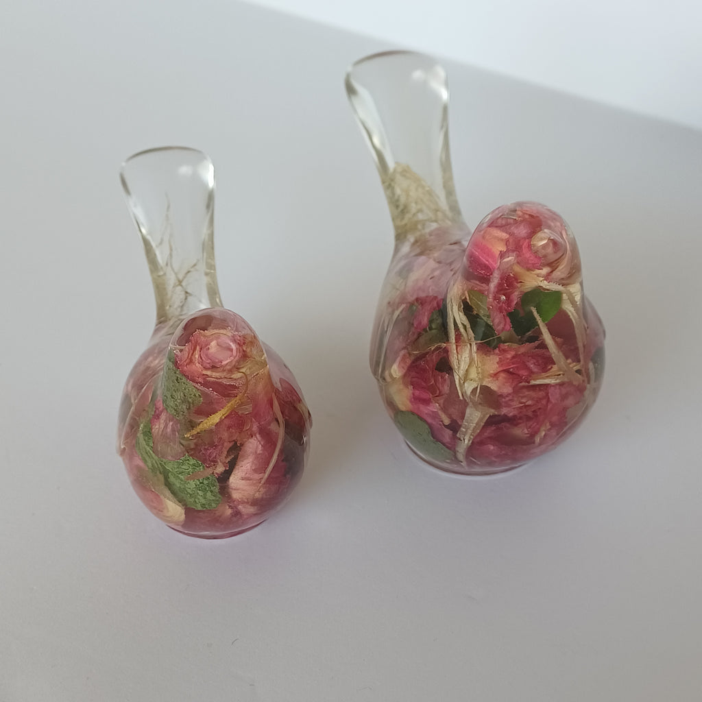 Two Resin Birds with Real Flowers, Ready or Custom Made