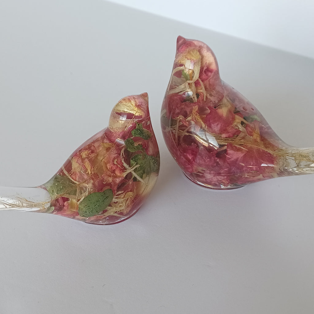 Two Resin Birds with Real Flowers, Ready or Custom Made