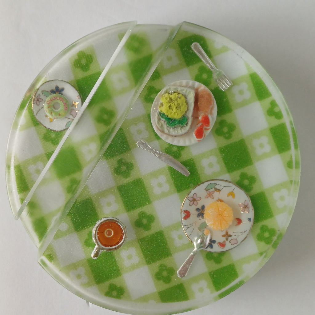 Round Artistic Resin Phone Holder, Mini Breakfast Scene or Fan and Petals, Handmade Desk Decor, Cute Gift for Her