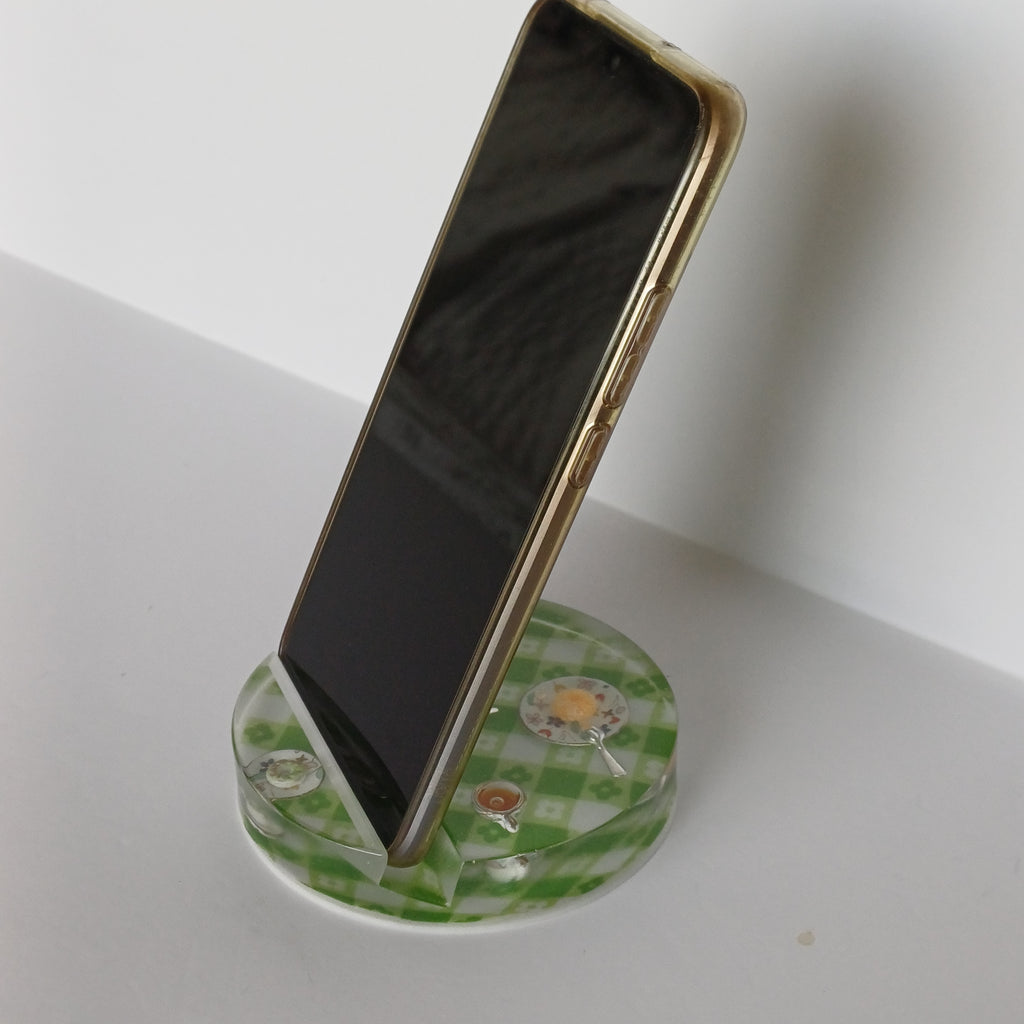 Round Artistic Resin Phone Holder, Mini Breakfast Scene or Fan and Petals, Handmade Desk Decor, Cute Gift for Her