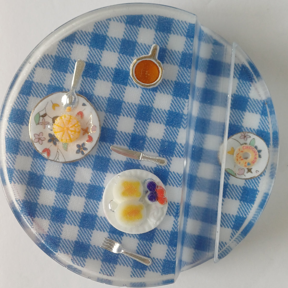 Round Artistic Resin Phone Holder, Mini Breakfast Scene or Fan and Petals, Handmade Desk Decor, Cute Gift for Her