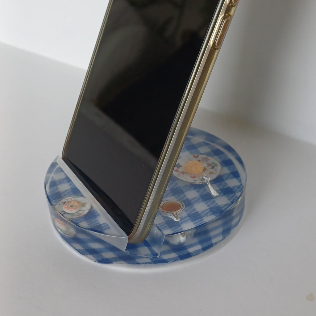 Round Artistic Resin Phone Holder, Mini Breakfast Scene or Fan and Petals, Handmade Desk Decor, Cute Gift for Her