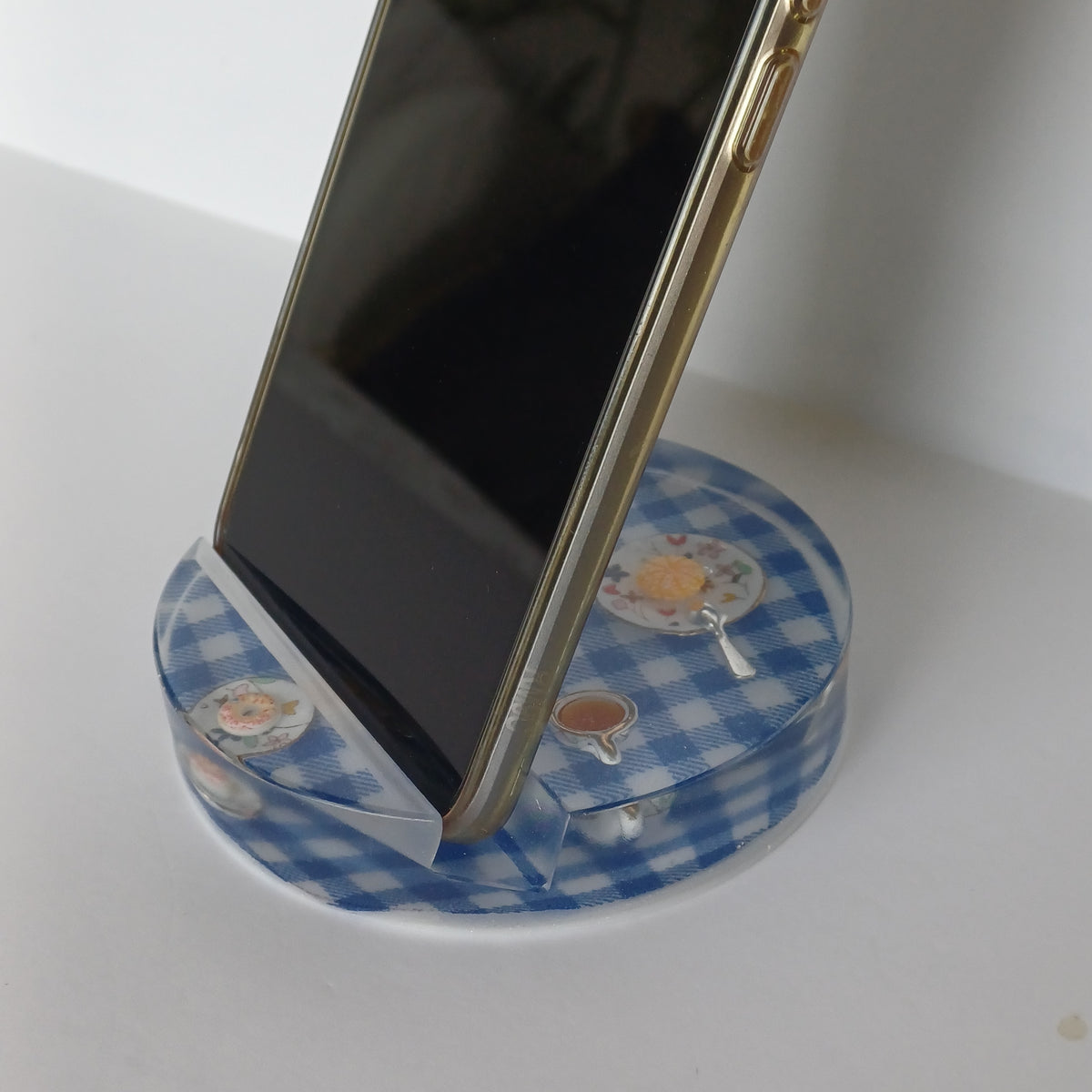 Round Artistic Resin Phone Holder, Mini Breakfast Scene or Fan and Petals, Handmade Desk Decor, Cute Gift for Her