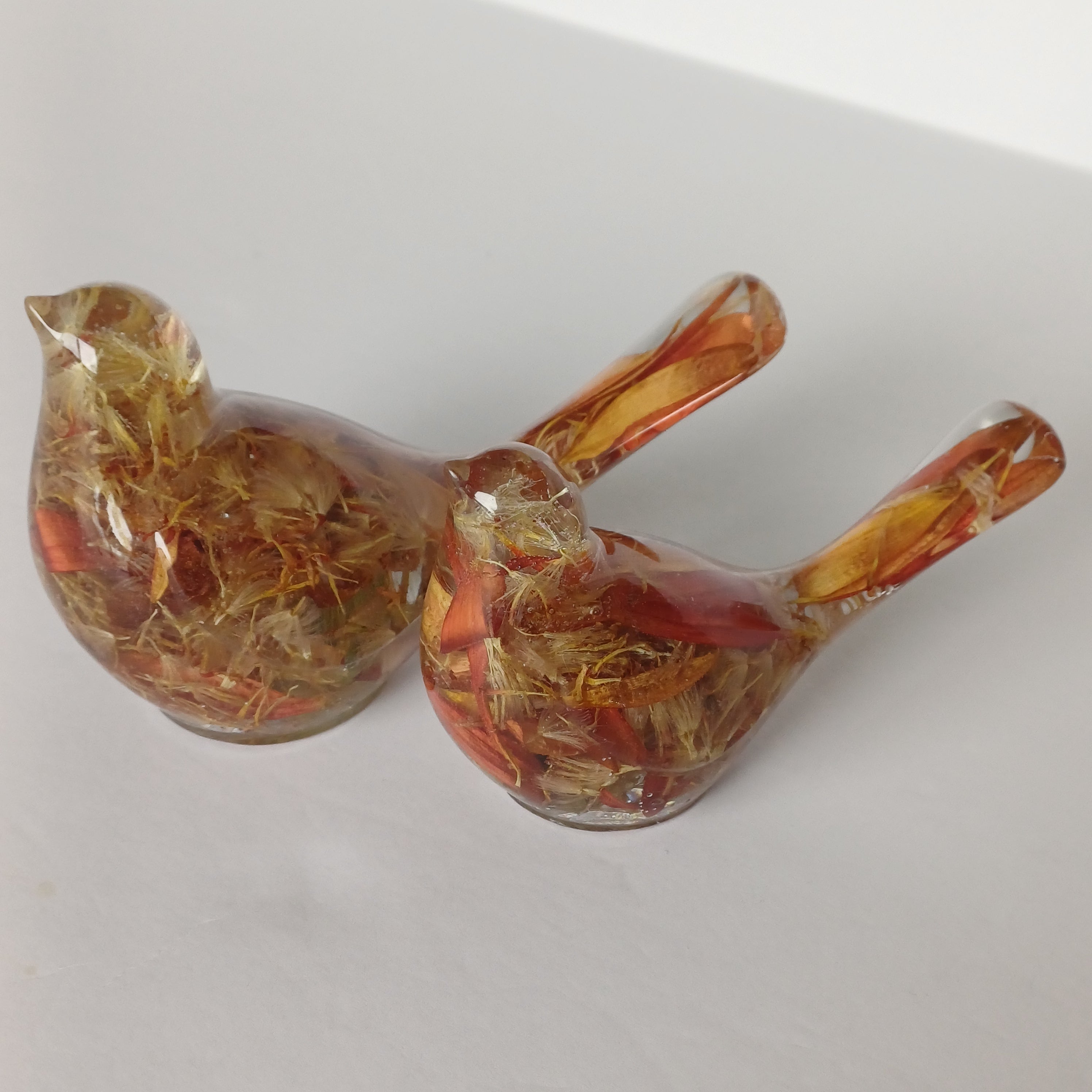Two Resin Birds with Real Flowers, Ready or Custom Made