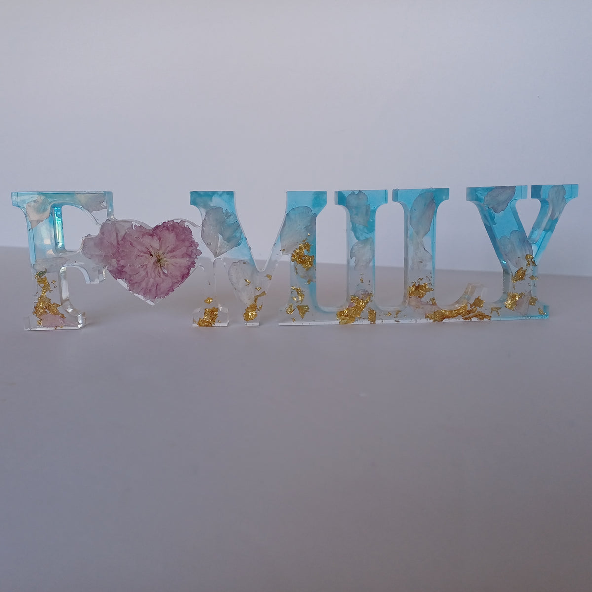 Floral resin word signs, Love Home Family, with preserved flowers, side angle