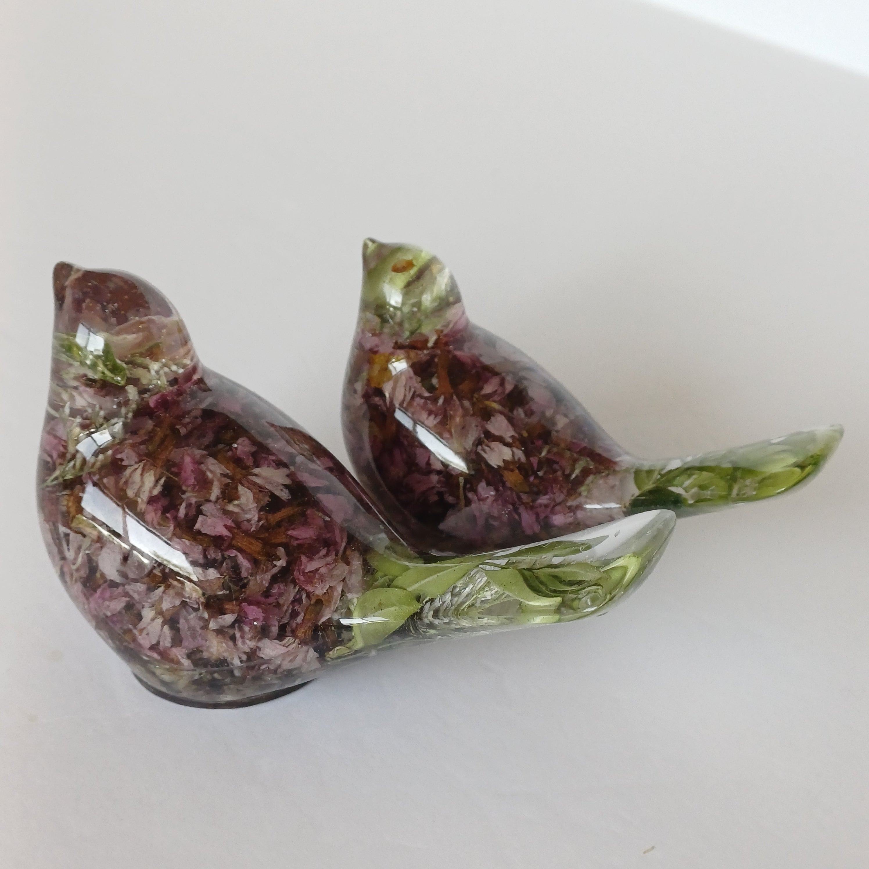 Two Resin Birds with Real Flowers, Ready or Custom Made