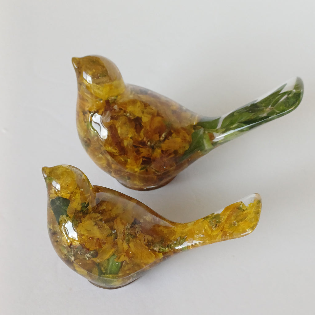 Two Resin Birds with Real Flowers, Ready or Custom Made