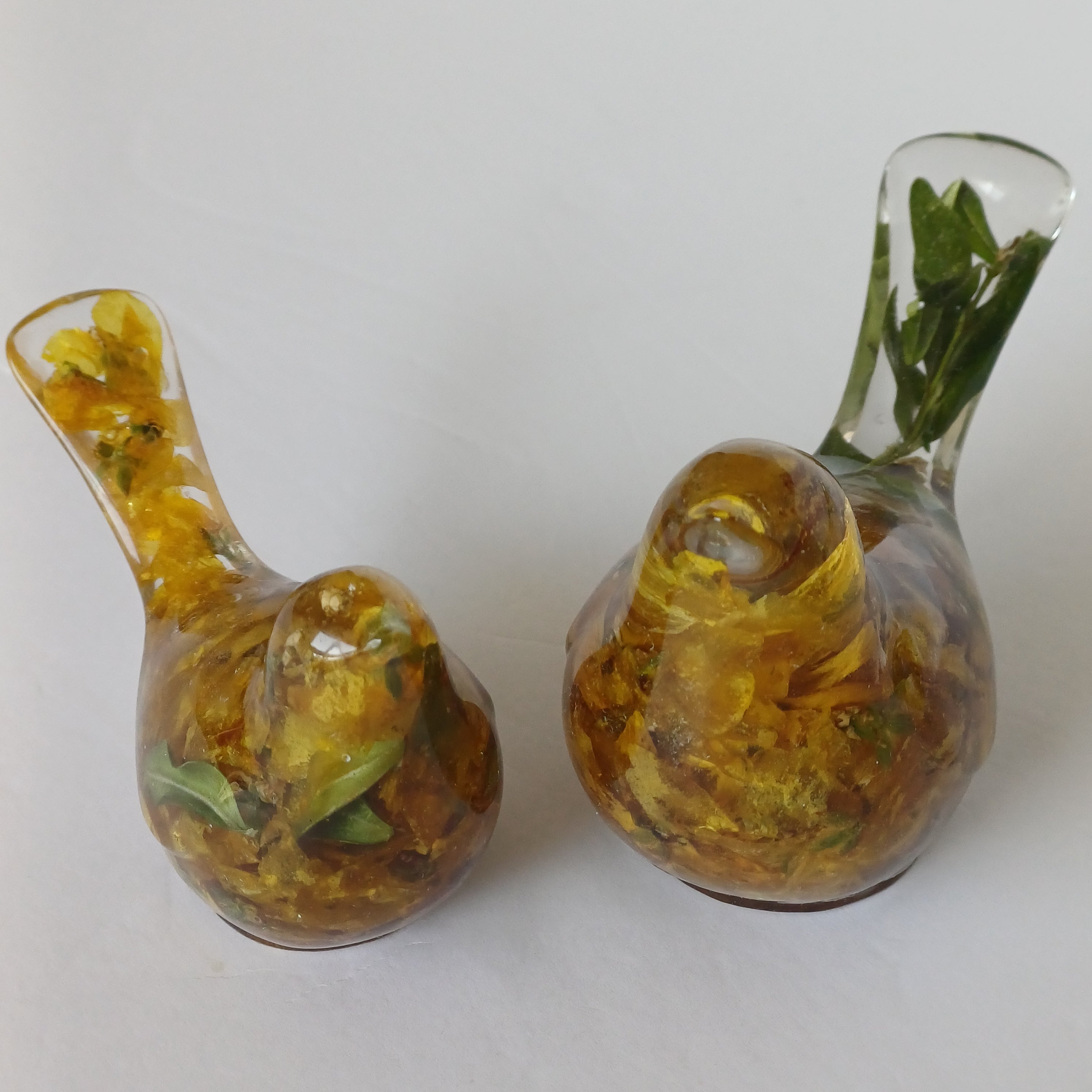 Two Resin Birds with Real Flowers, Ready or Custom Made