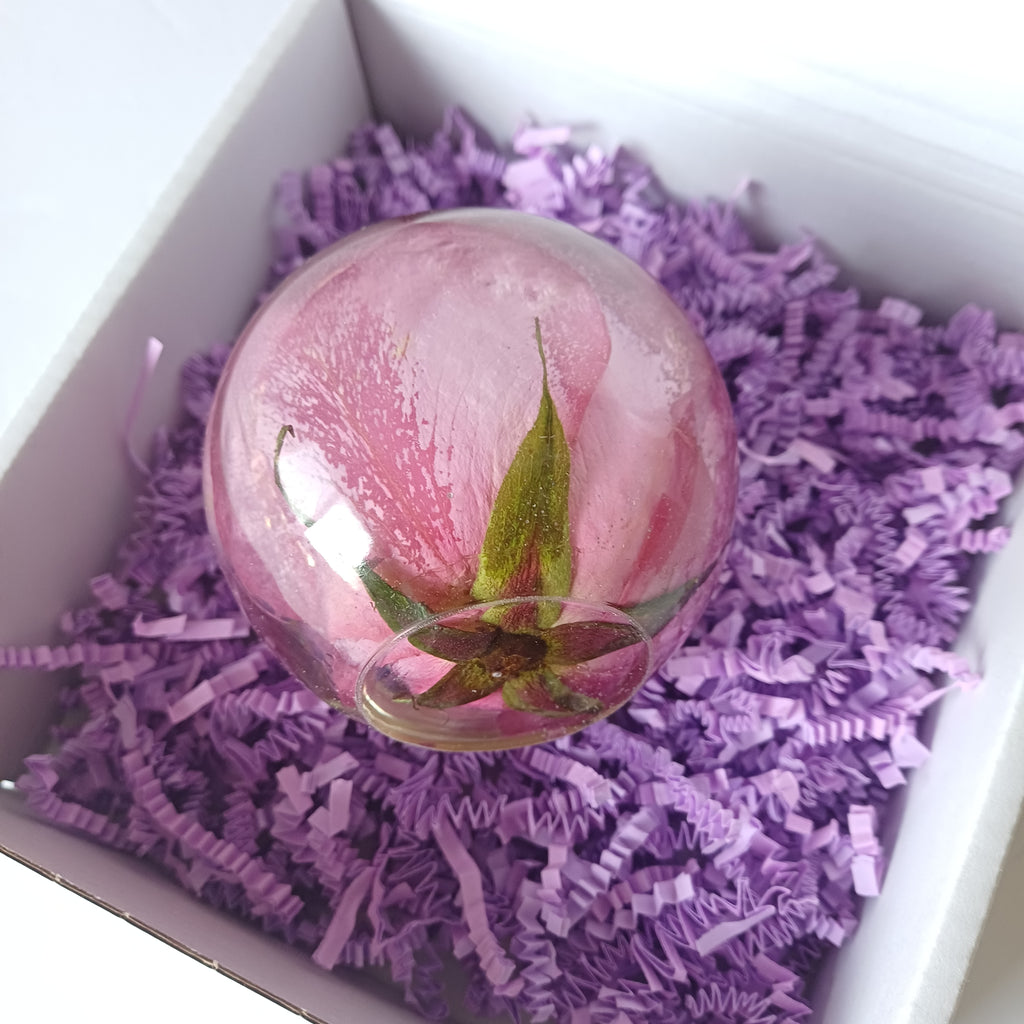 Whole flower preserved in resin, unfading bloom, in natural light