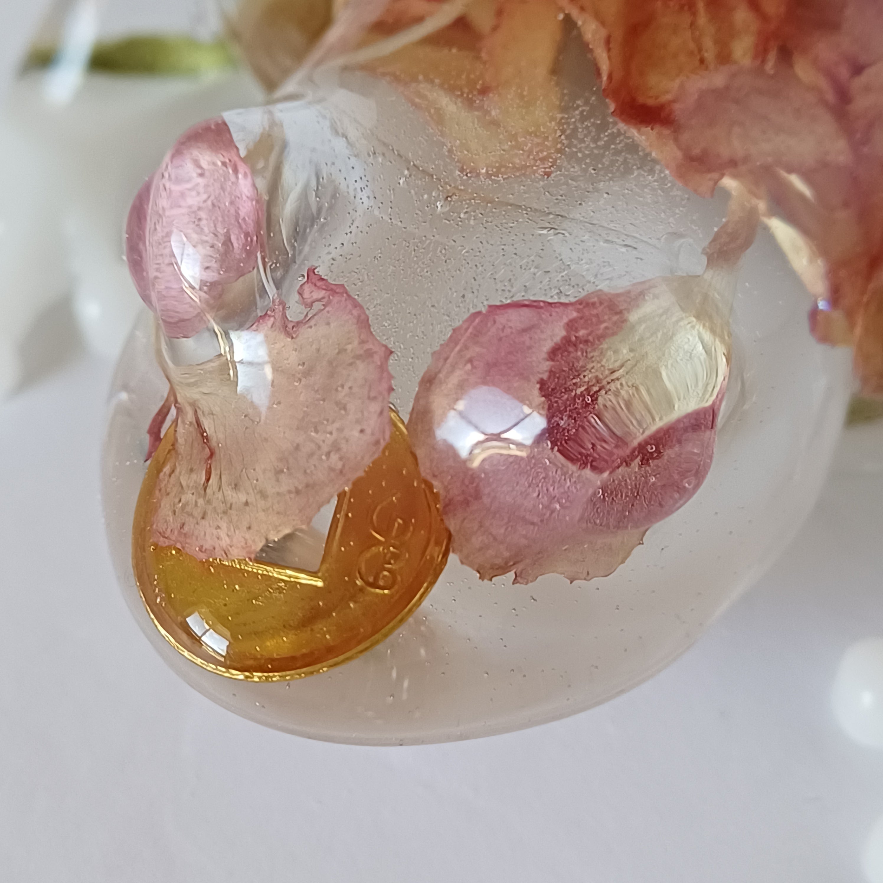 Lucky Coin Frog Resin Figurine with Real Flowers