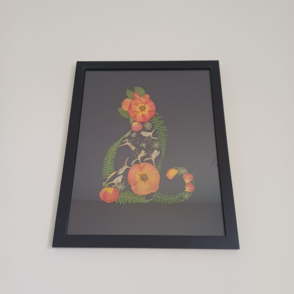 Midnight Rose Cat pressed flower wall art, 5x7 framed, styled on a wall