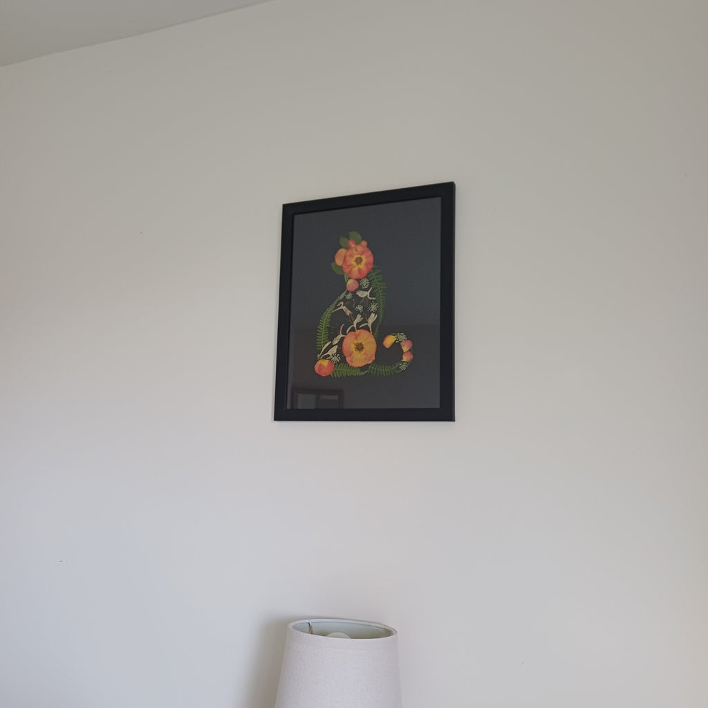 Midnight Rose Cat pressed flower wall art, 5x7 framed, close-up detail of the pressed flowers