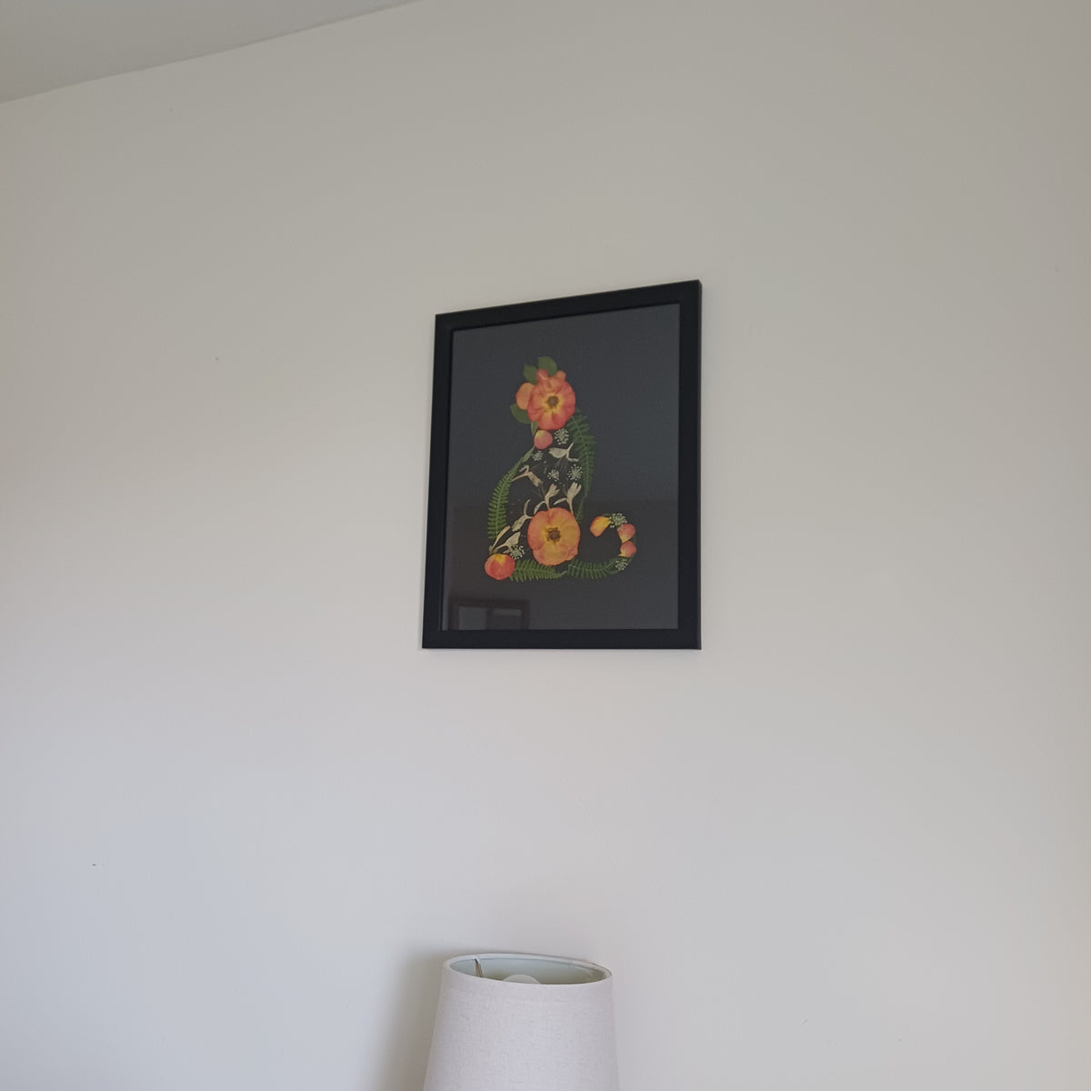 Midnight Rose Cat pressed flower wall art, 5x7 framed, close-up detail of the pressed flowers