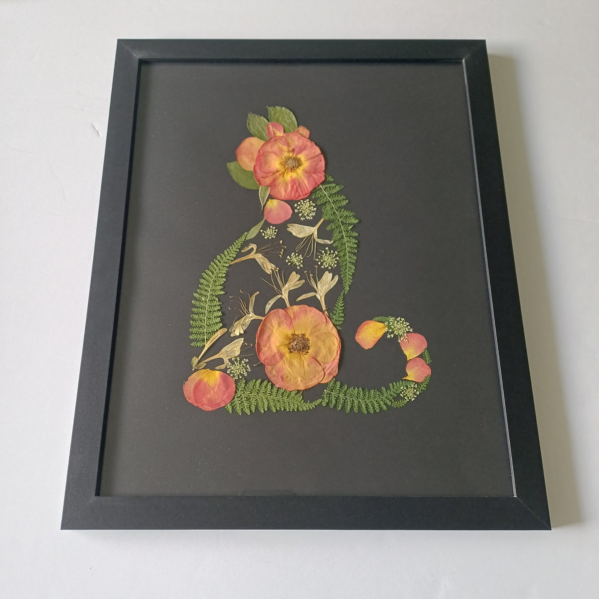 Midnight Rose Cat pressed flower wall art, 5x7 framed, full view