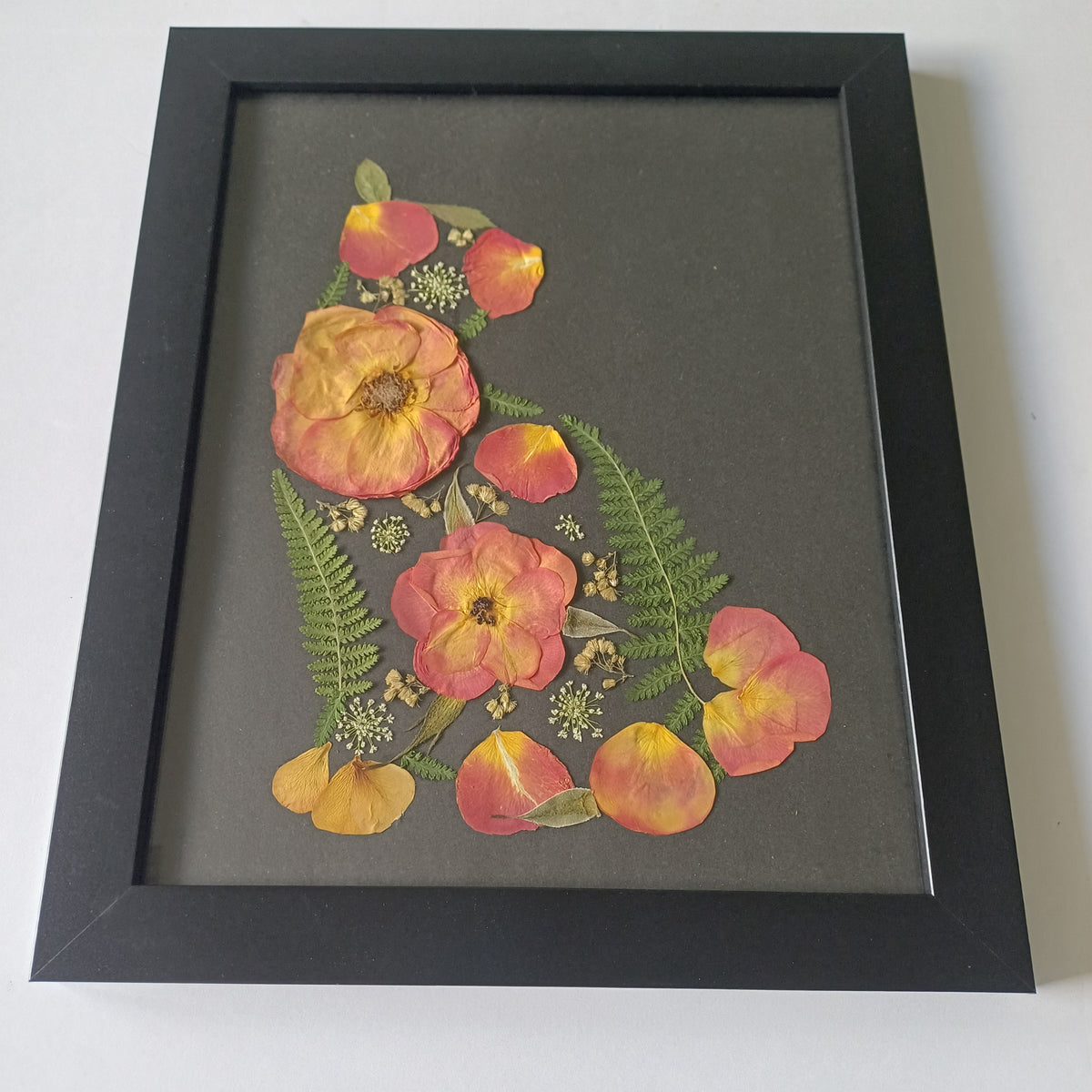 Rose Garden Cat pressed flower wall art, 11x14 framed, full view