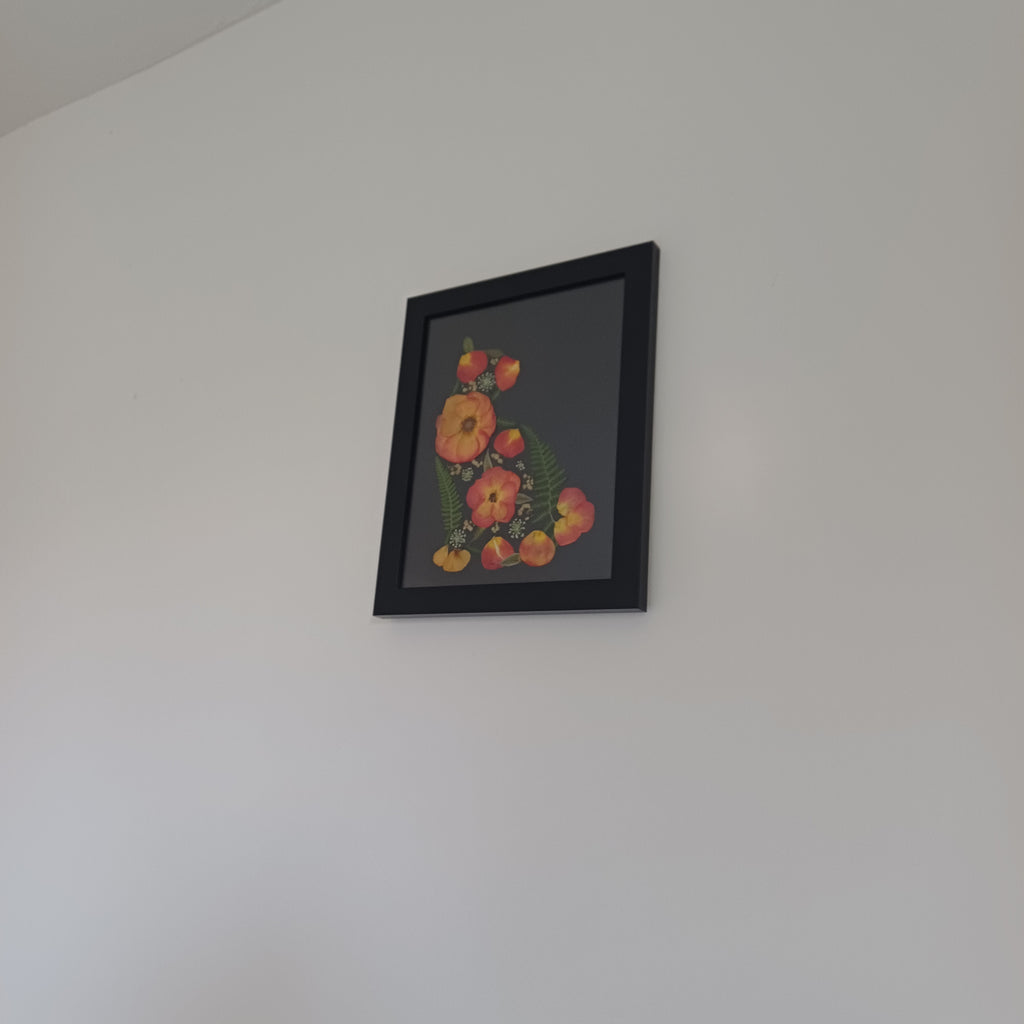 Rose Garden Cat pressed flower wall art, 11x14 framed, close-up detail of the pressed flowers
