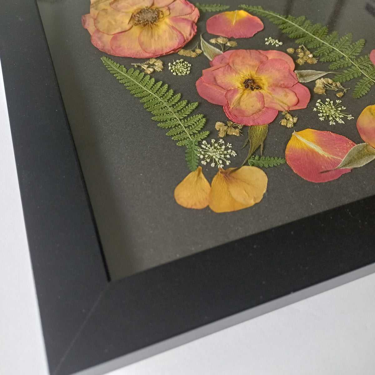 Rose Garden Cat pressed flower wall art, 11x14 framed, styled on a wall