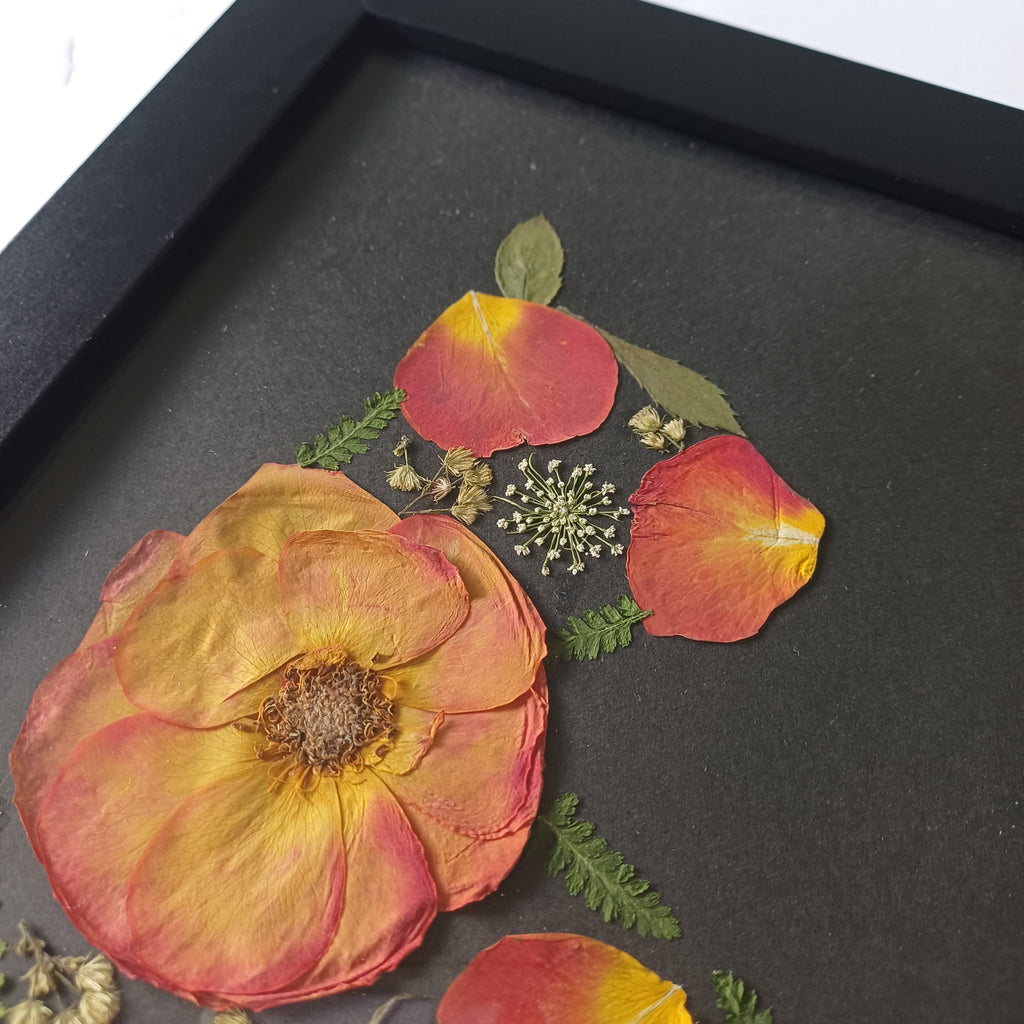 Rose Garden Cat pressed flower wall art, 11x14 framed, back of the frame
