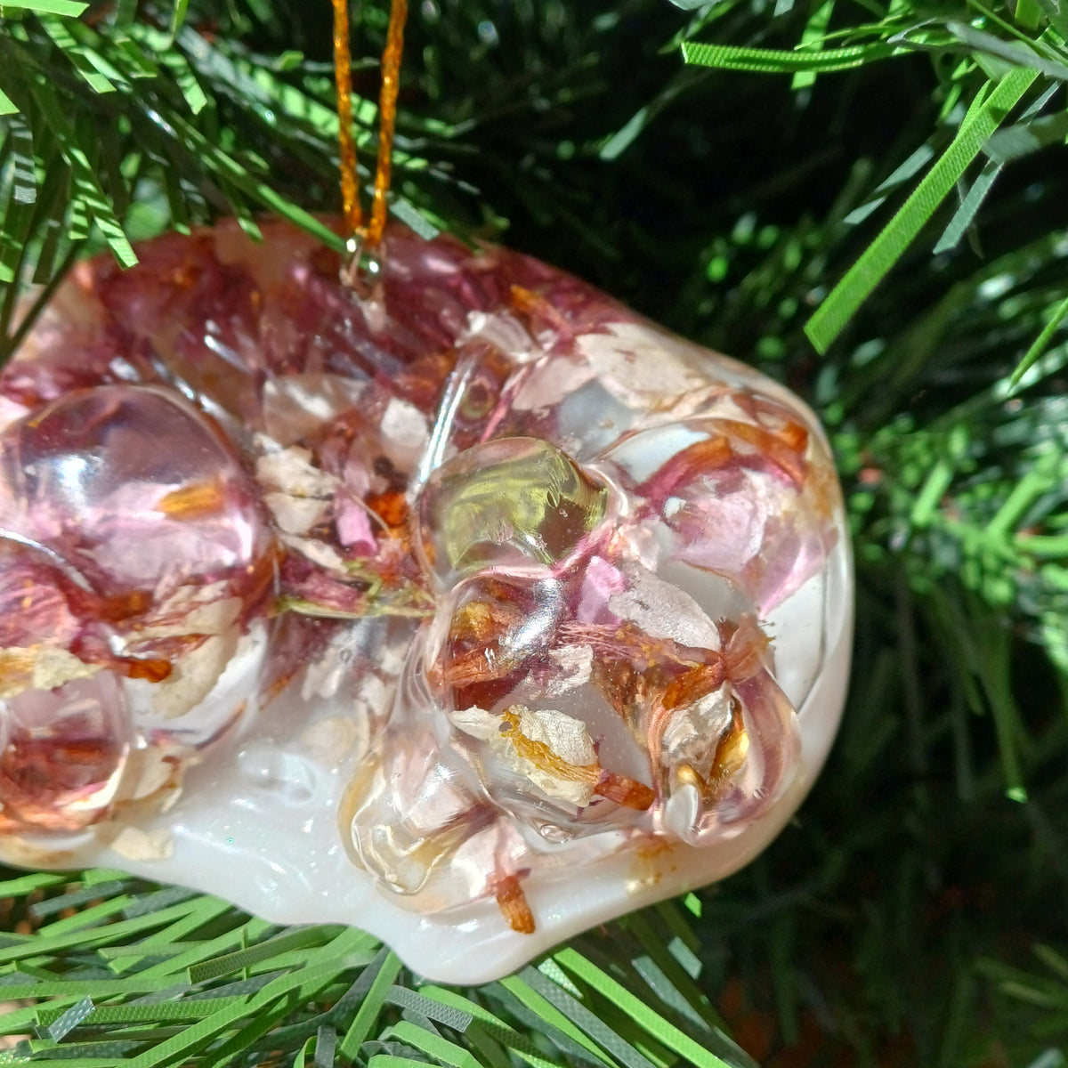 Christmas ornament - handmade resin pet figurine with real pressed flowers, front view