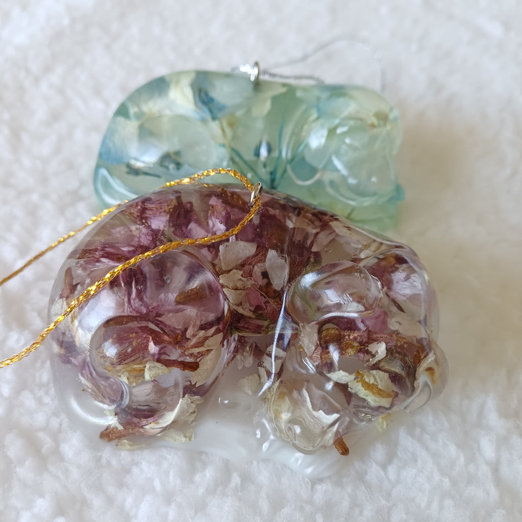 Christmas ornament - handmade resin cat and dog figurines with real pressed flowers, pair
