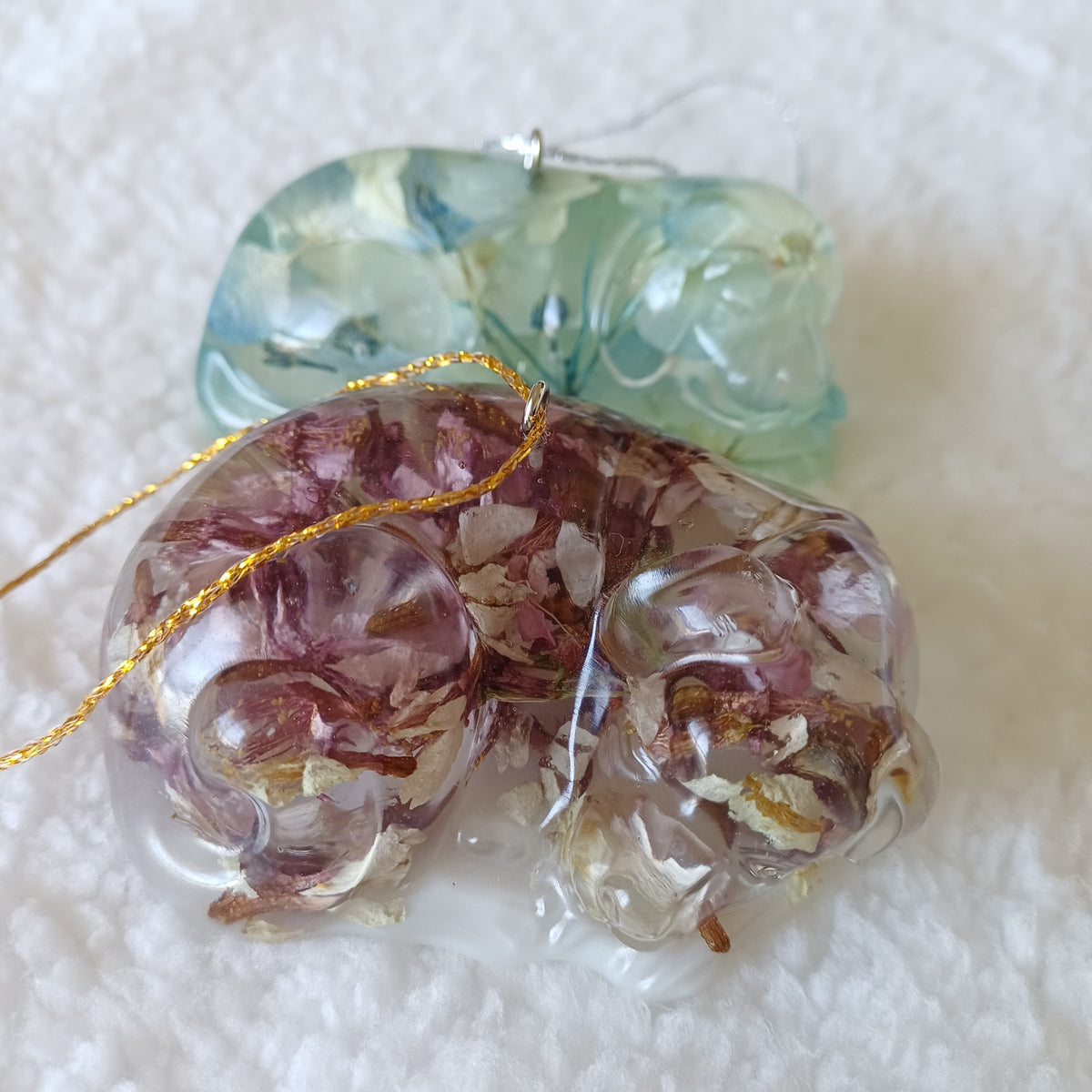 Christmas ornament - handmade resin cat and dog figurines with real pressed flowers, pair