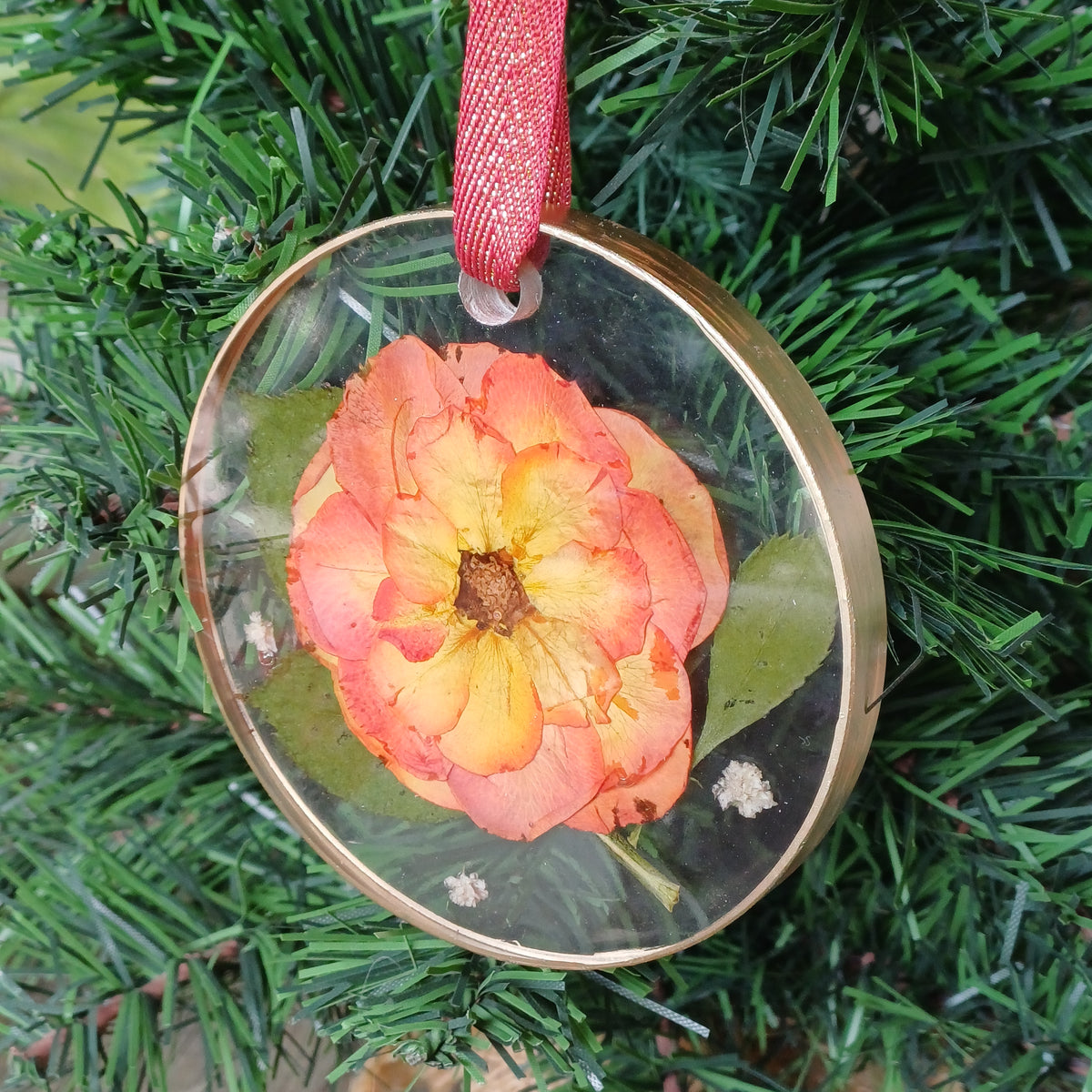 Large Real Rose Christmas Ornaments Set of 6, 4 in, in a Gift Box, Handmade Resin Ornaments with Dried Roses, Ready to Give