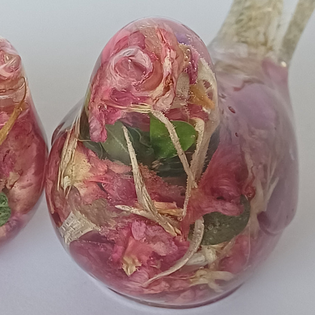 Two Resin Birds with Real Flowers, Ready or Custom Made