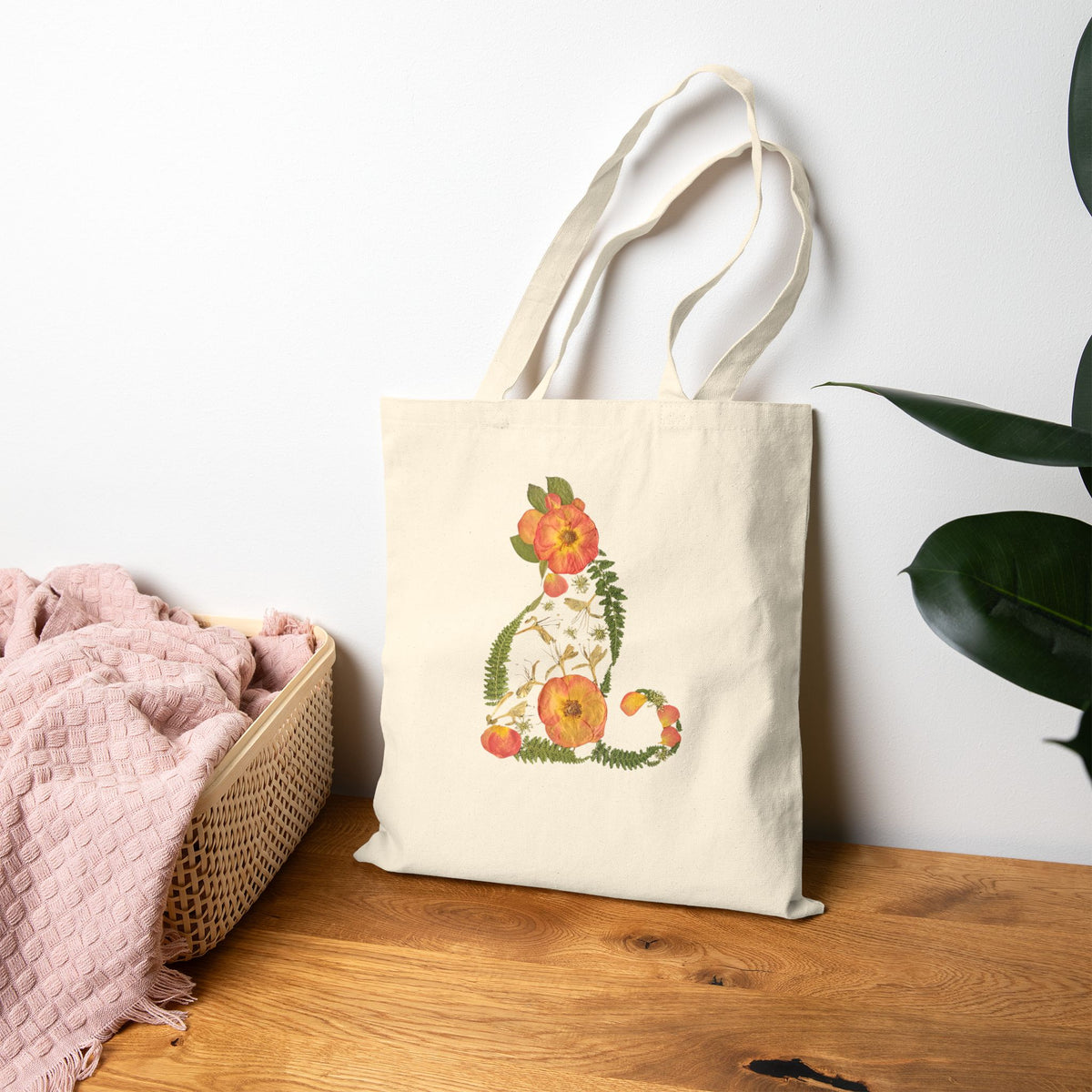 Midnight Rose Cat cotton canvas tote bag with original pressed flower artwork, The Neat Rack