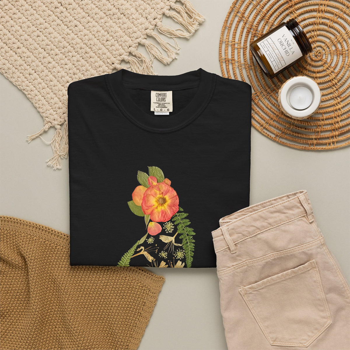 Rose Garden Cat botanical t-shirt with pressed flower design, back view