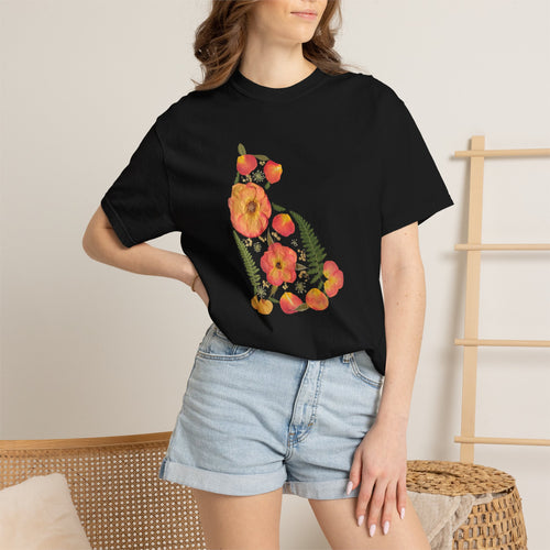 Midnight Rose Cat botanical t-shirt with pressed flower design, front view