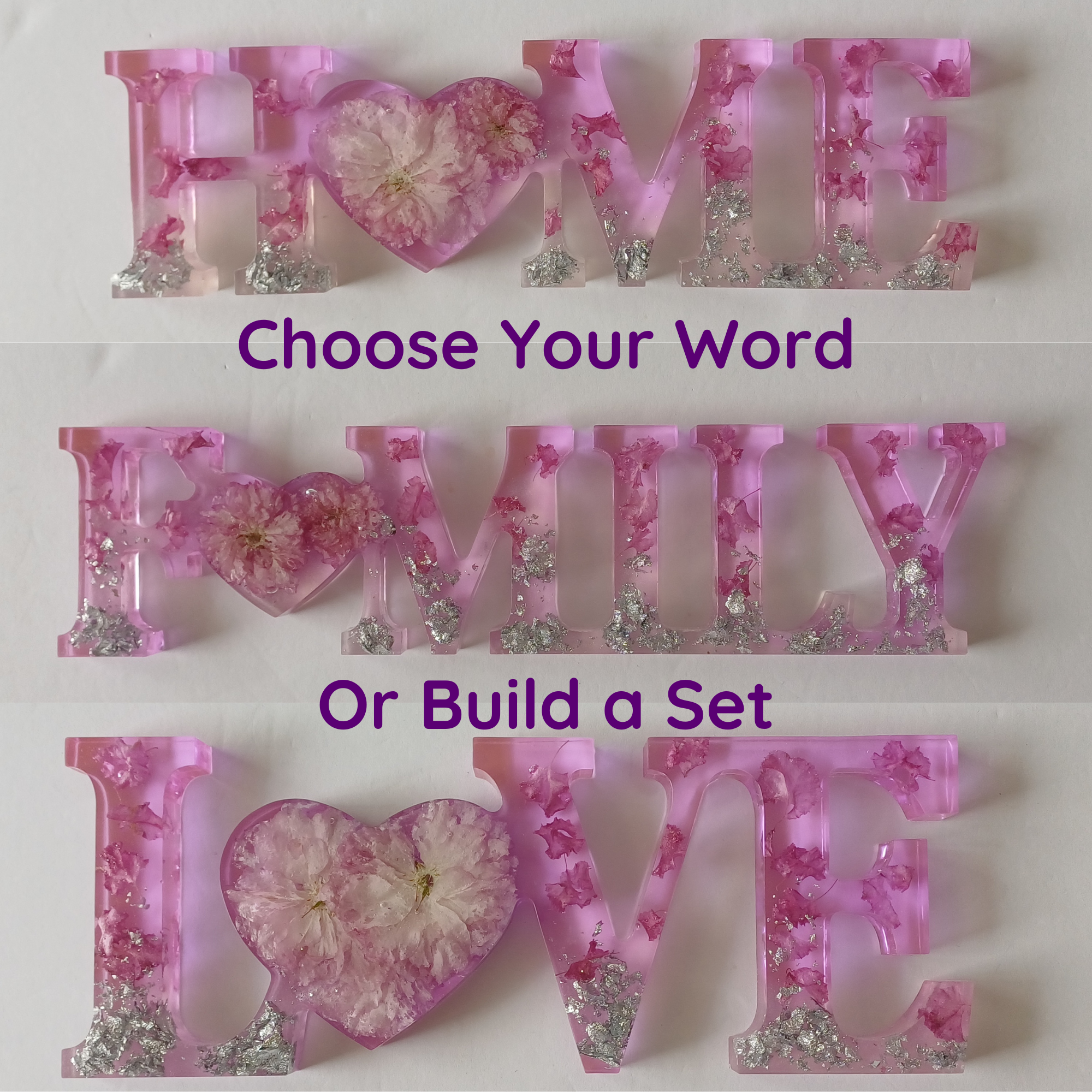 Floral Resin Word Signs: Family, Love, Home Decor Set