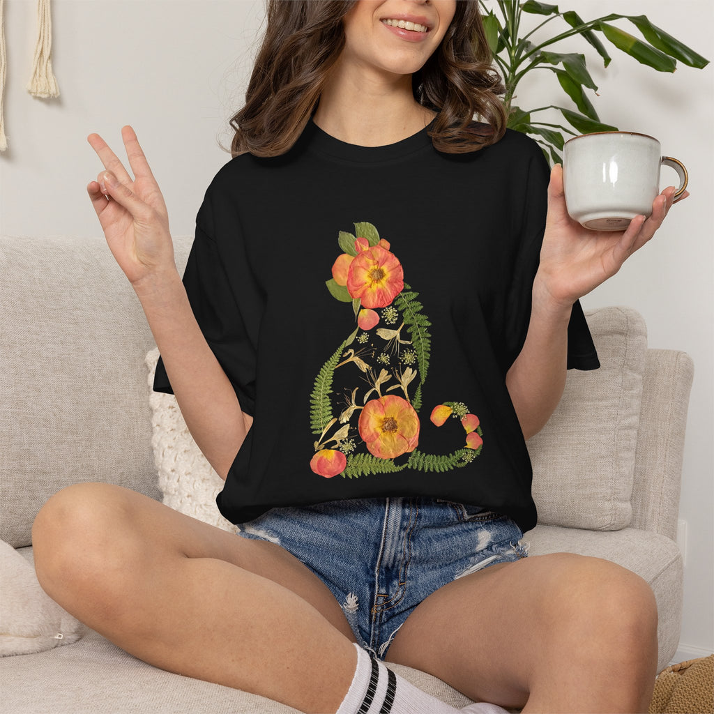 Rose Garden Cat botanical t-shirt with pressed flower design, close-up of the printed design