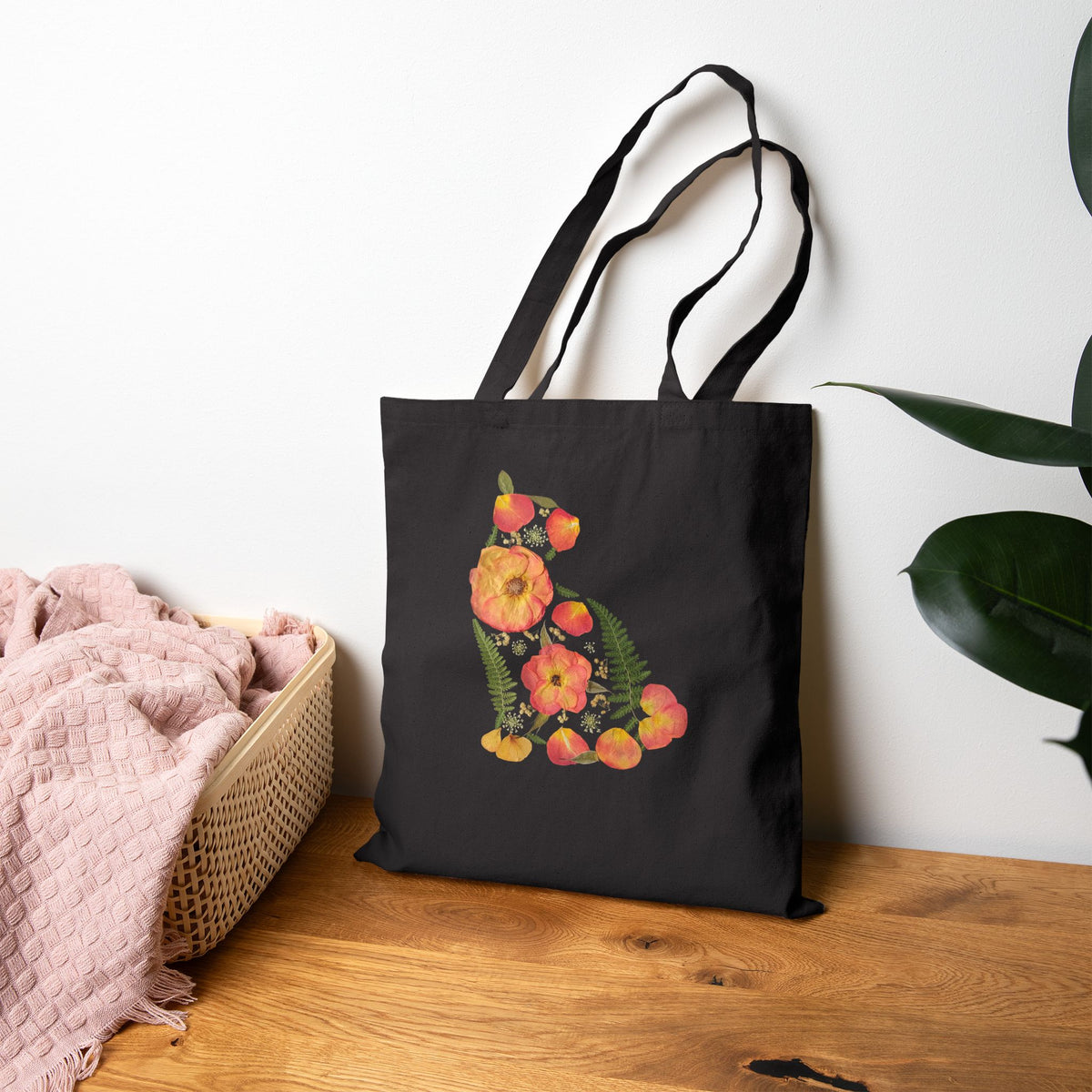 Rose Garden Cat cotton canvas tote bag with original pressed flower artwork, The Neat Rack