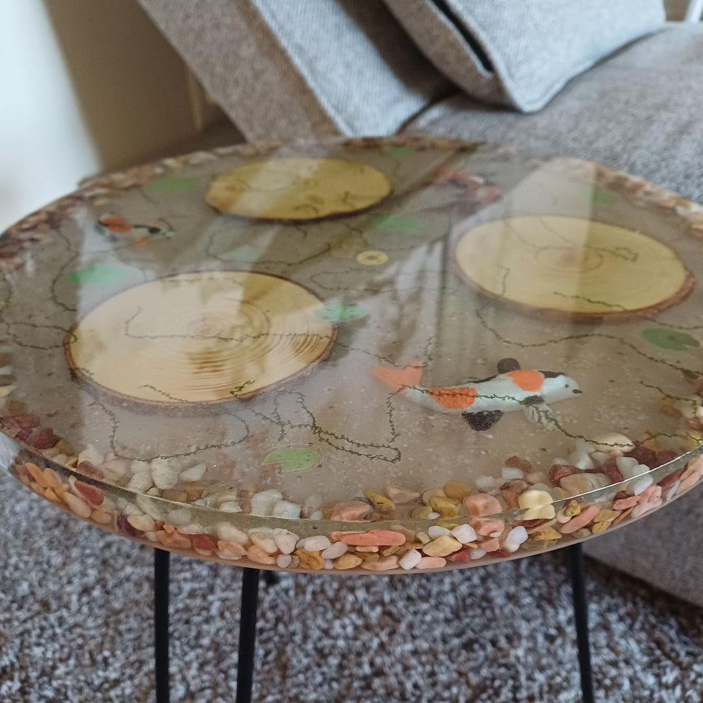 Round Resin Accent Table, Koi Pond Side Table