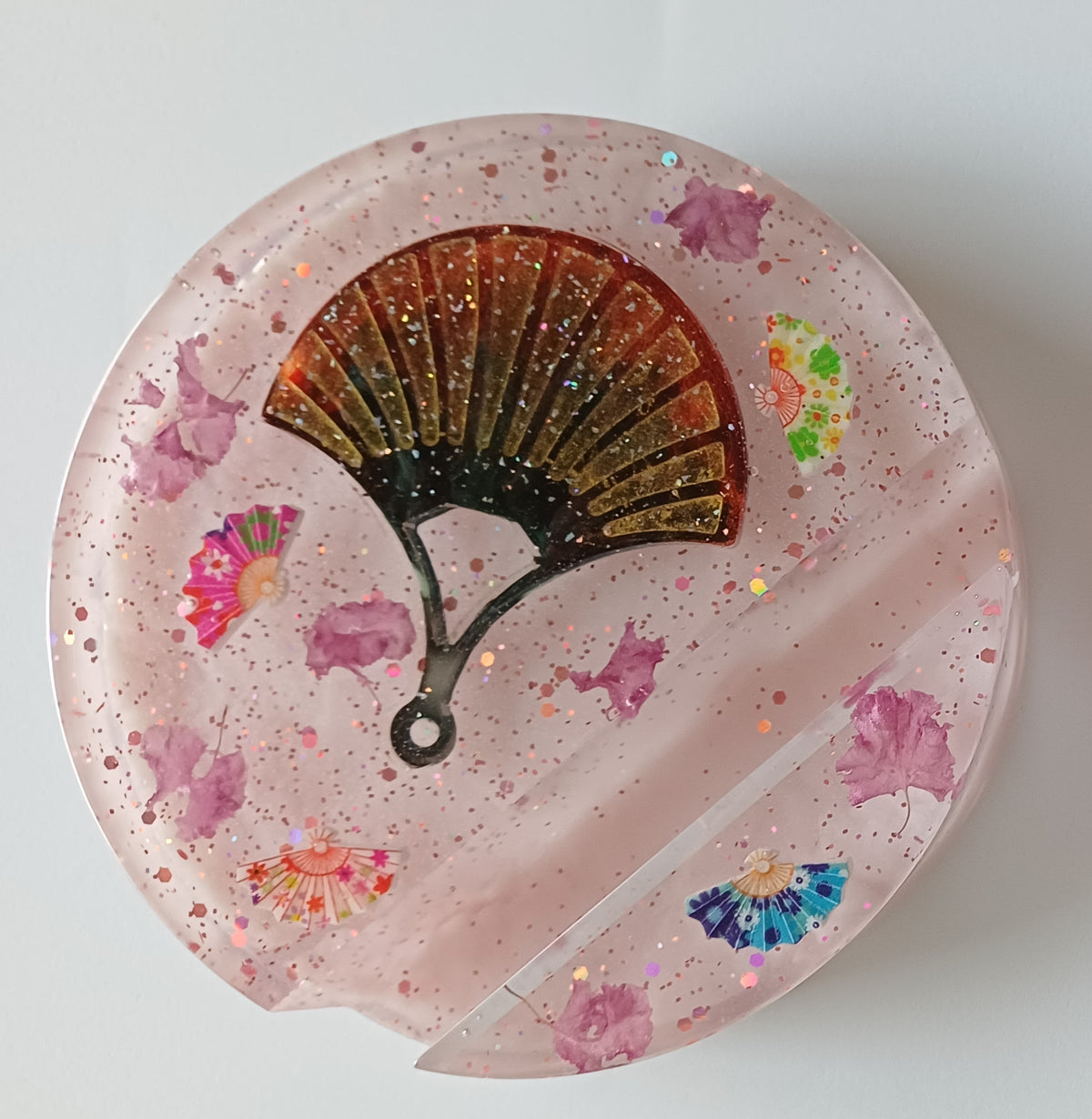 Round Artistic Resin Phone Holder, Mini Breakfast Scene or Fan and Petals, Handmade Desk Decor, Cute Gift for Her