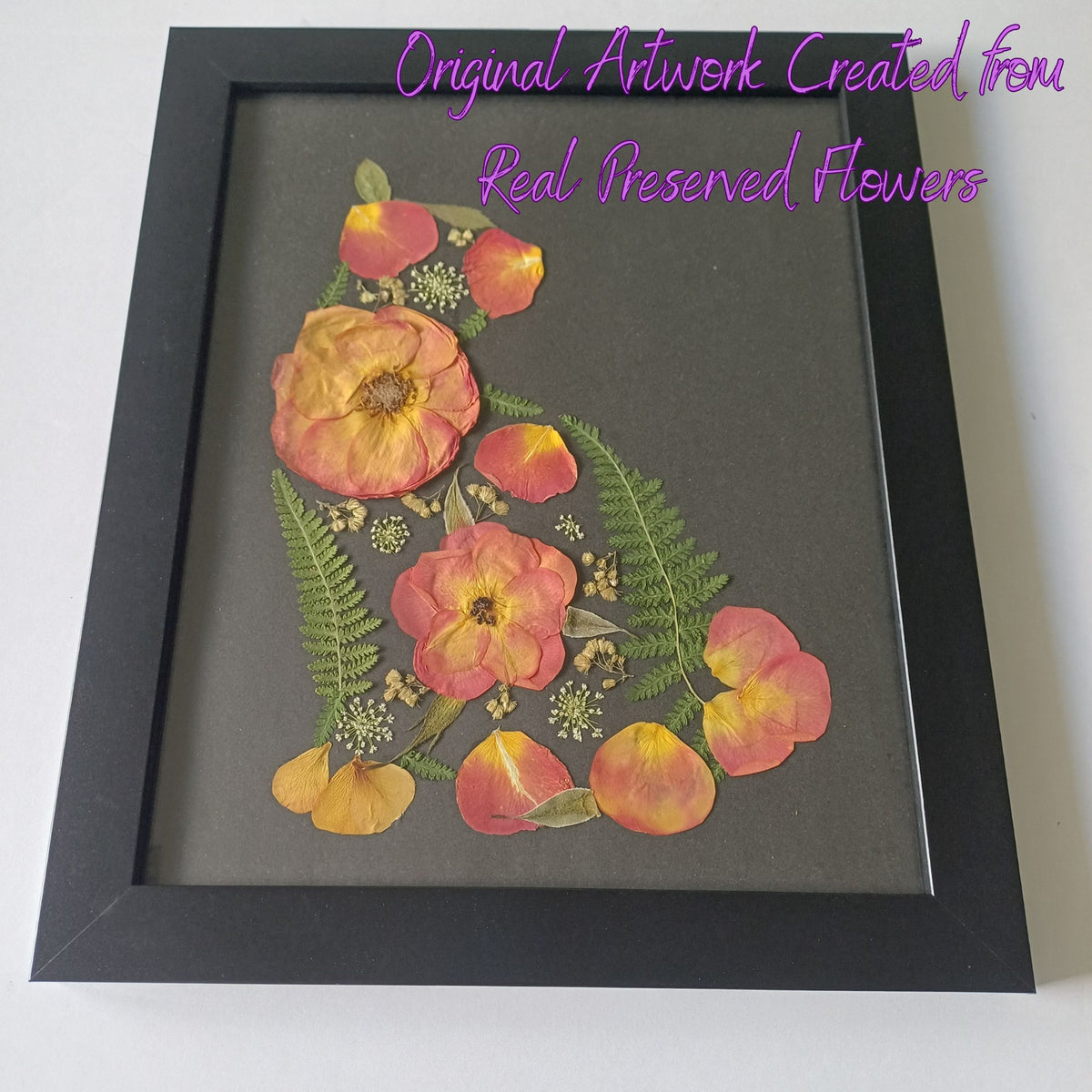 Rose Garden Cat pressed flower wall art, 11x14 framed