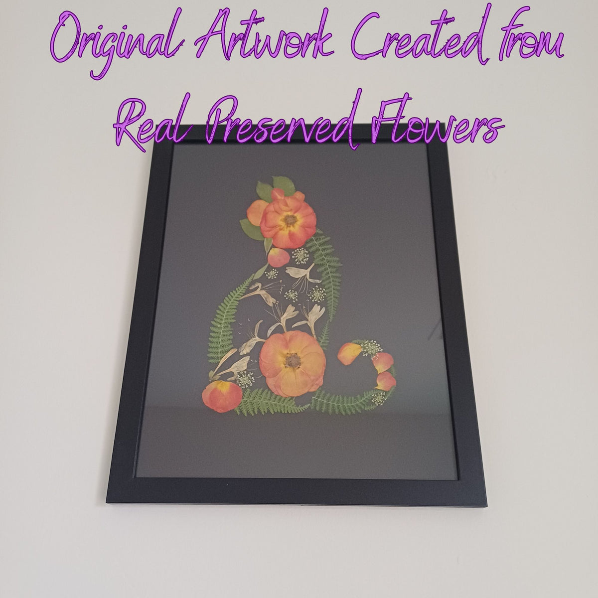 Midnight Rose Cat pressed flower wall art, 5x7 framed