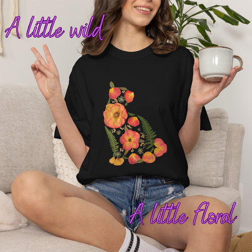 Midnight Rose Cat botanical t-shirt with pressed flower design