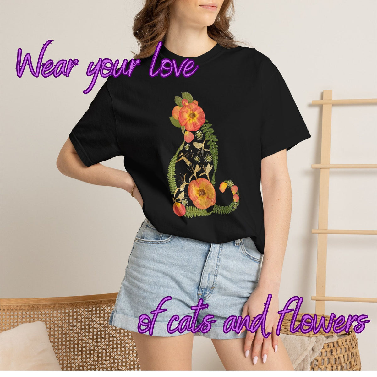Rose Garden Cat botanical t-shirt with pressed flower design