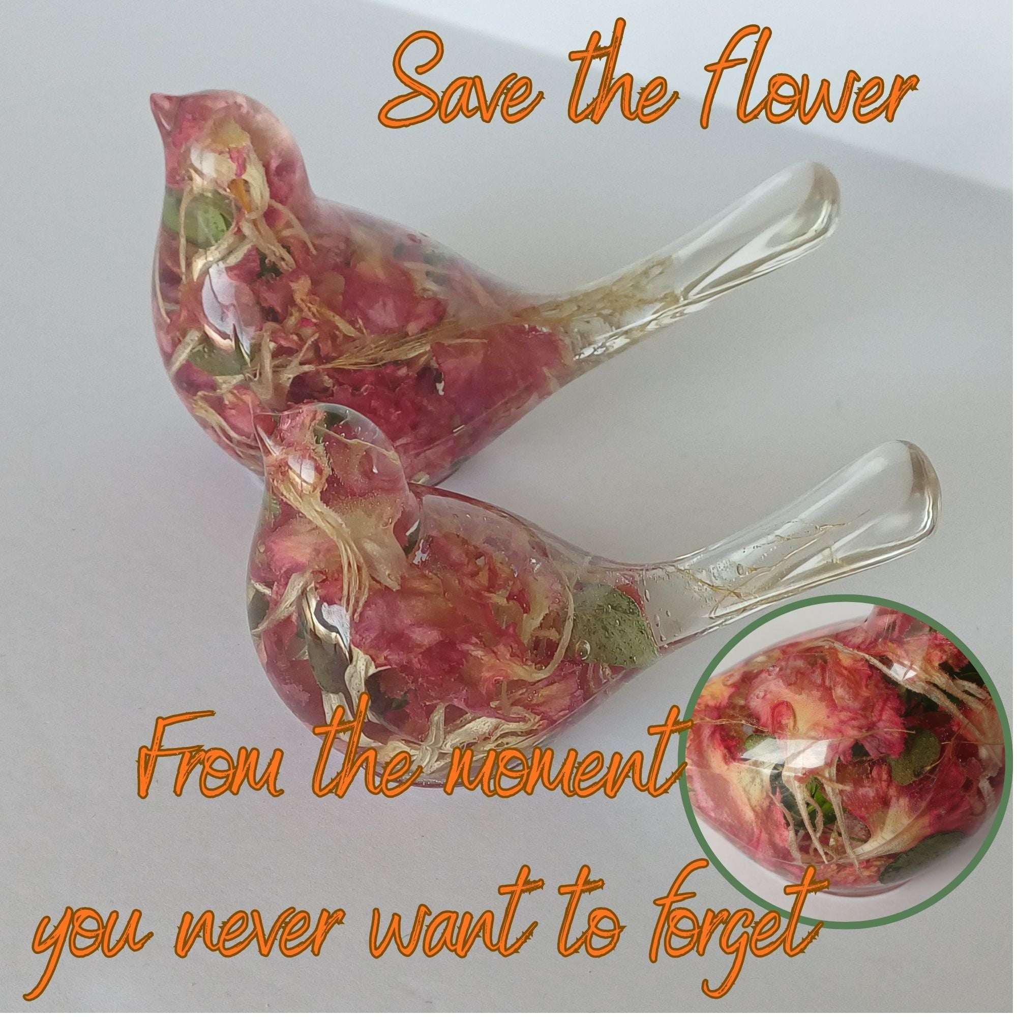 Two Resin Birds with Real Flowers, Ready or Custom Made