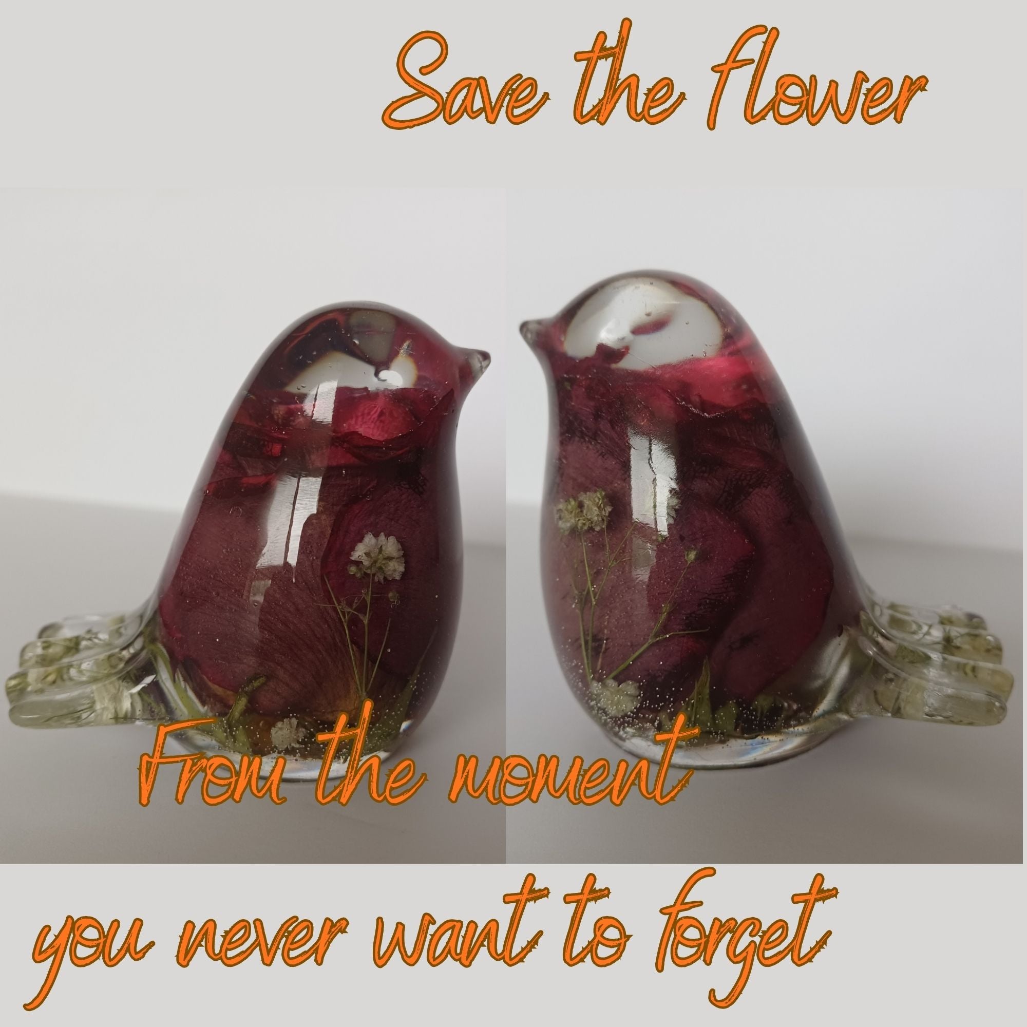 Two Resin Birds with Real Flowers, Ready or Custom Made