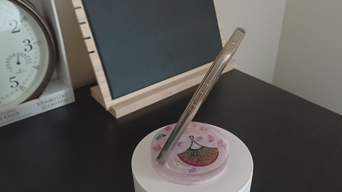 Round Artistic Resin Phone Holder, Mini Breakfast Scene or Fan and Petals, Handmade Desk Decor, Cute Gift for Her