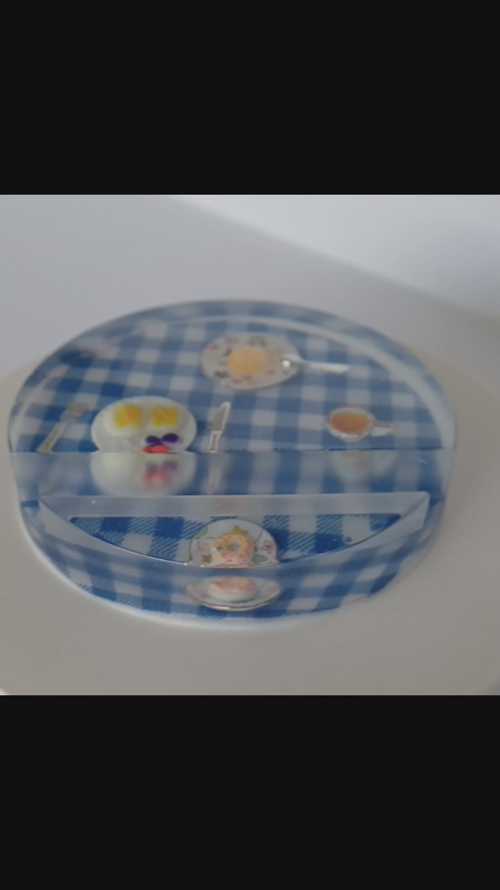 Round Artistic Resin Phone Holder, Mini Breakfast Scene or Fan and Petals, Handmade Desk Decor, Cute Gift for Her